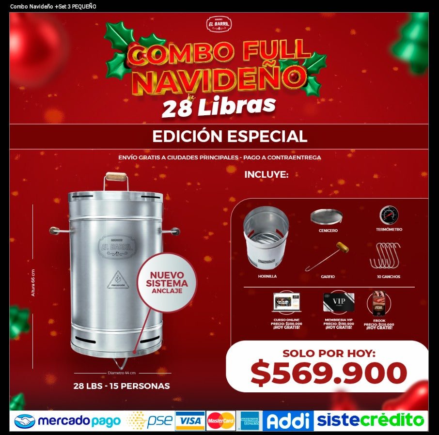 Combo Full Navideño Edición Especial · Barril 28 lb + Set completo - Asadores El Barril